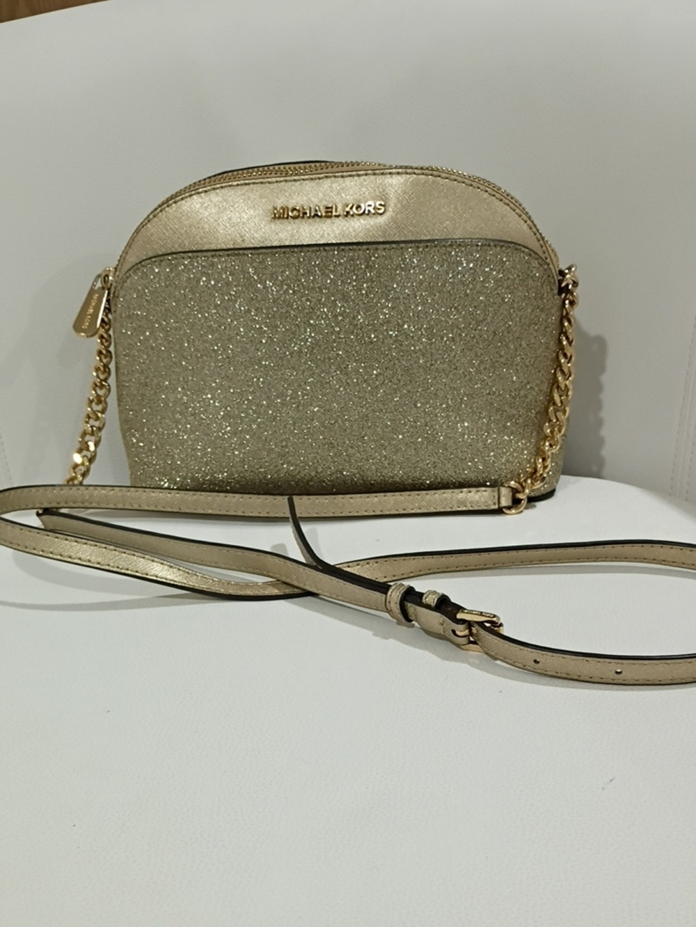 Michael Kors Gold Glitter Dome Leather Crossbody Purse